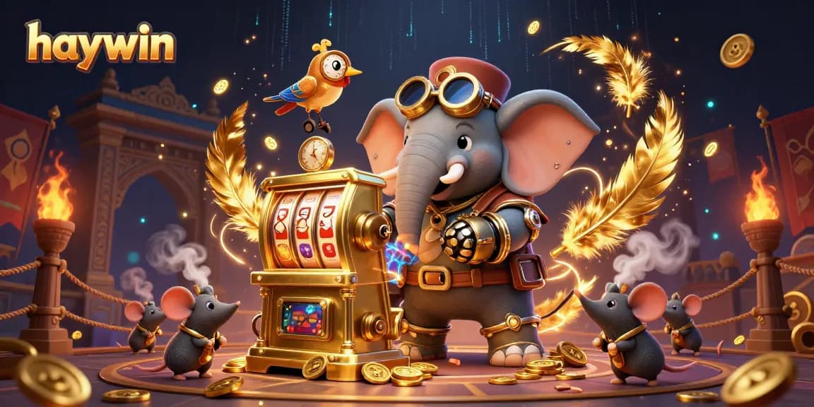 Engage in slots at haywin with a steampunk elephant operating a golden slot machine, vibrant scene.