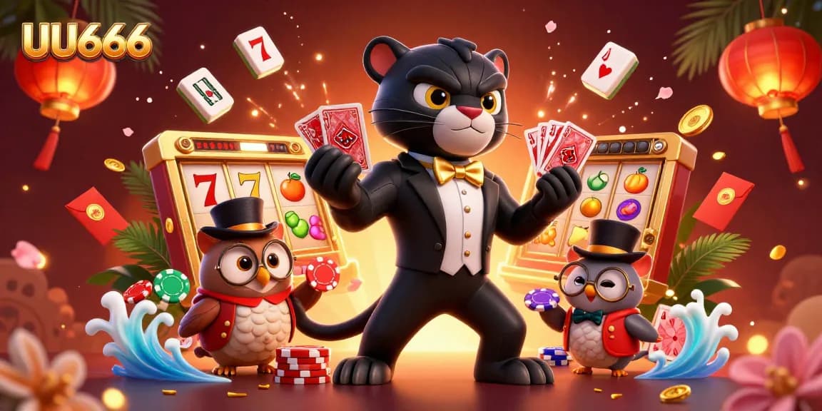 Engage with thrilling games at UU666, showcasing stylish characters dealing cards and playing with colorful slot elements.