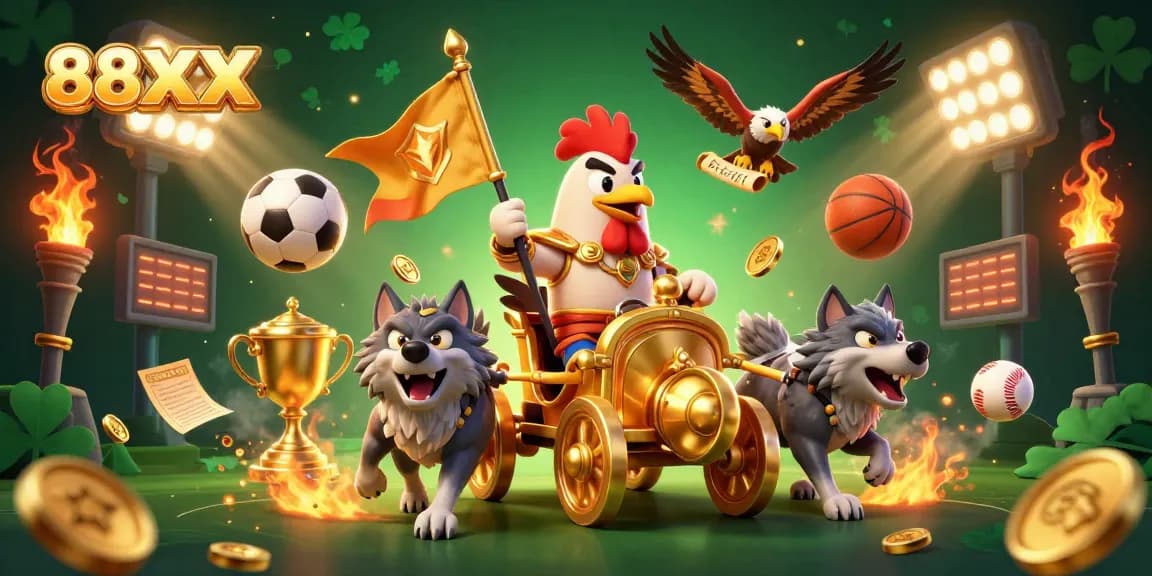Engage with 88XX as a cartoon rooster warlord leads an exciting gambling scene.