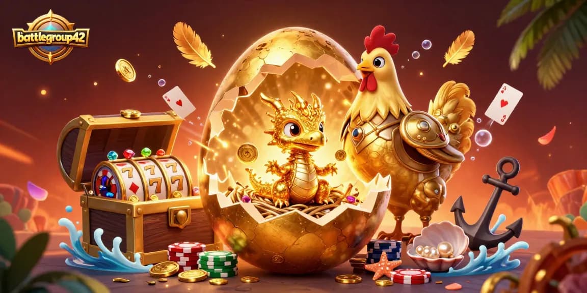 battlegroup42 showcases a golden dragon emerging from a casino-themed treasure, surrounded by slot reels and poker chips.