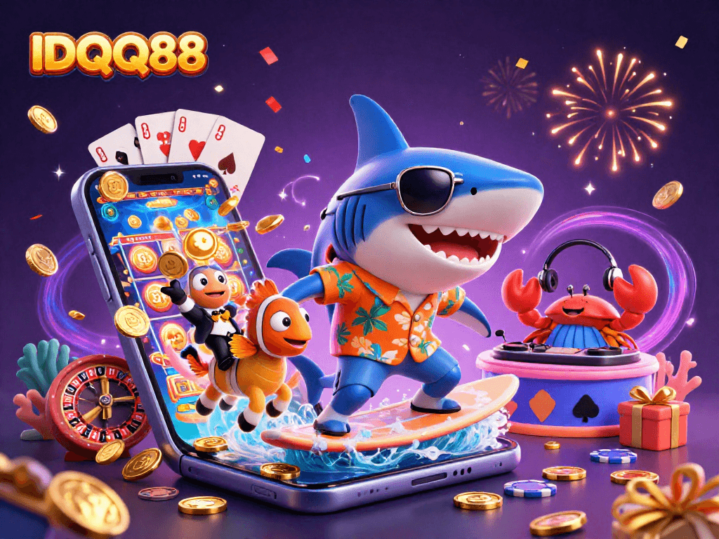 Engage with IDQQ88 for thrilling slot game experiences among vibrant characters and casino elements.