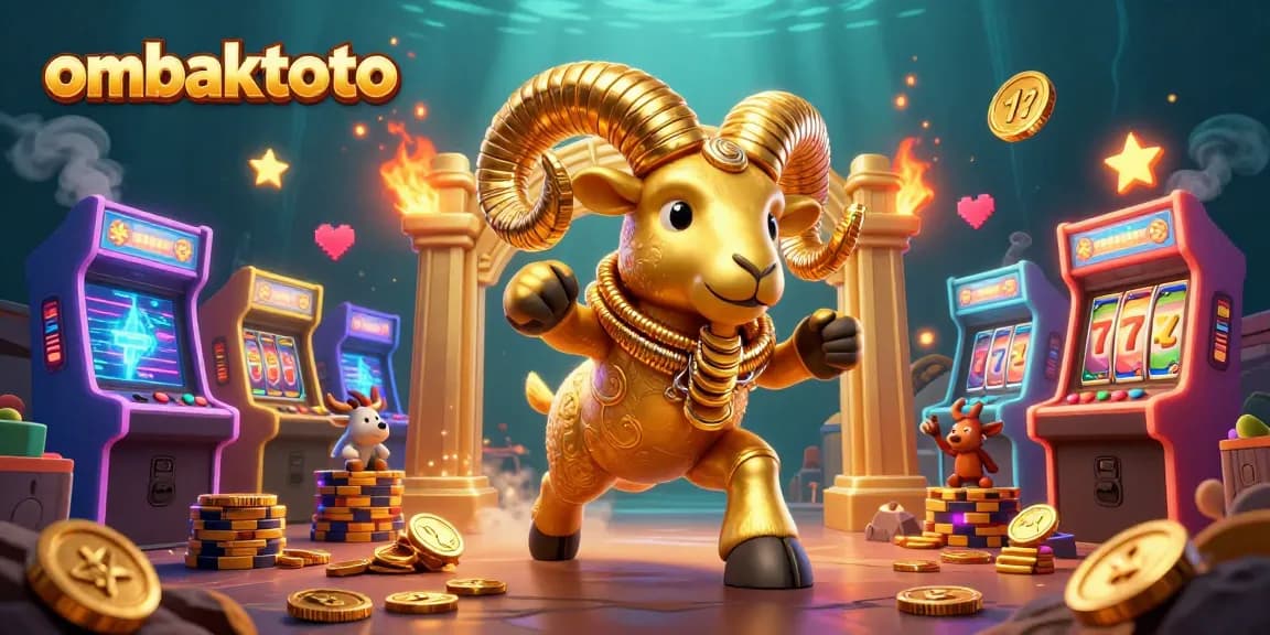 Experience ombaktoto excitement with a cartoon golden ram charging through vibrant slots elements.