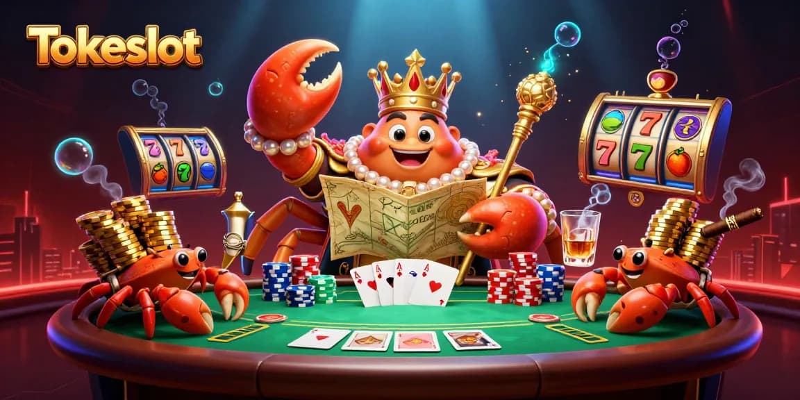 Tokeslot showcases an interactive casino scene with a golden crab emperor and dynamic poker elements.