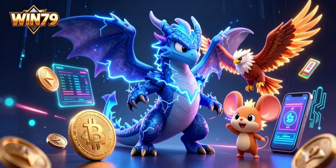 Experience the thrilling world of WIN79 with stunning 3D visuals of lightning dragon, hawk, and crypto elements.