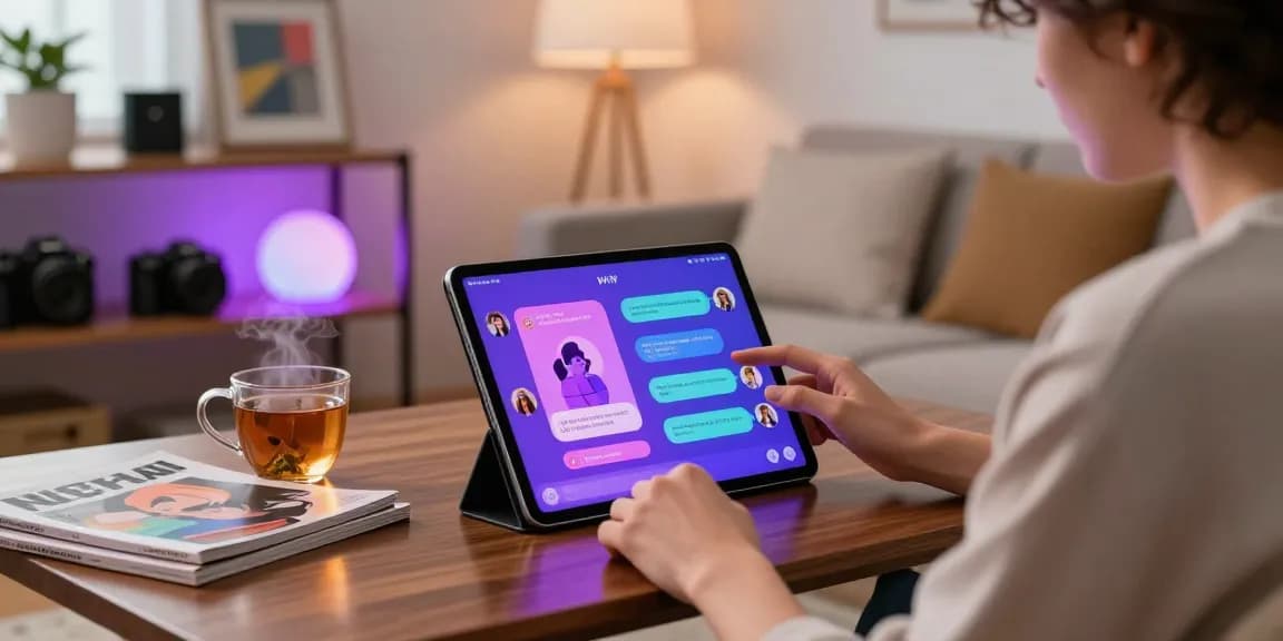 Interactive NSFW AI chat experience on a tablet in a cozy urban apartment setting