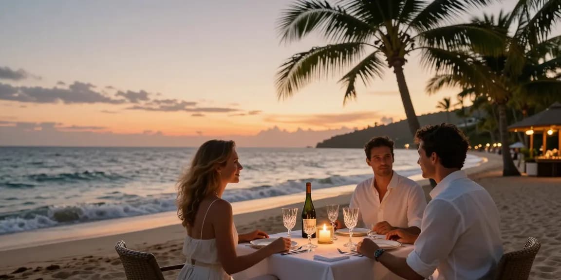 Pengalaman LUXURY111 di resor pantai mewah saat senja dengan pasangan menikmati makan malam romantis.