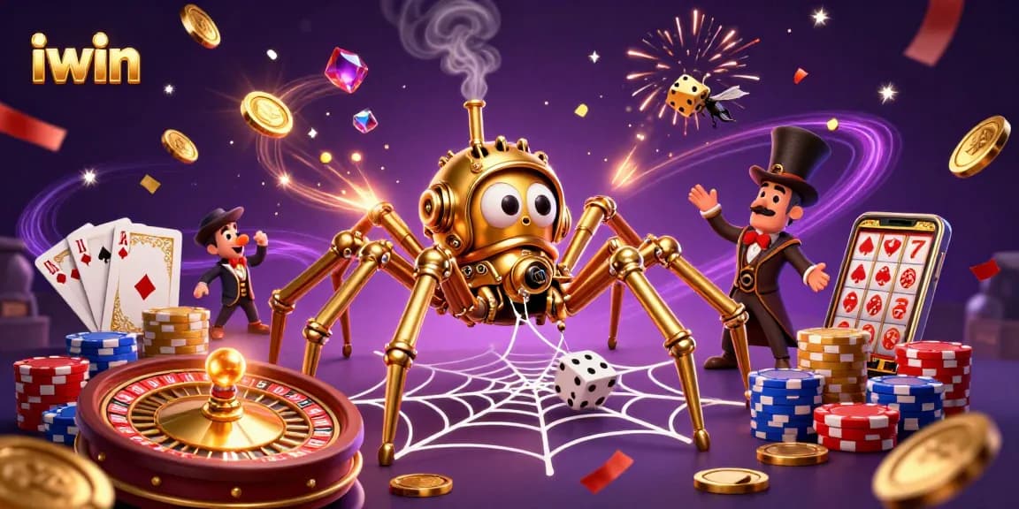 Experience iwin's thrilling casino excitement with a steampunk spider catching dice in a vibrant 3D scene.