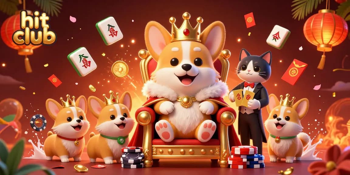 Experience hit club's thrilling 3D gaming scene with royal corgi characters and vibrant casino elements.
