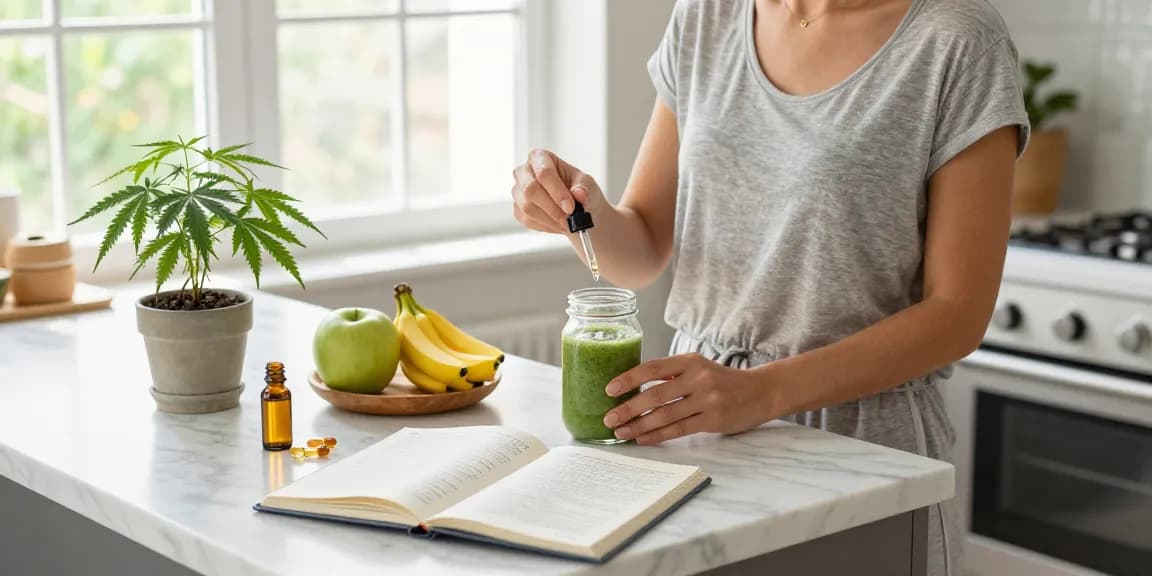 The legal age to vape in Cyprus with a scene of natural wellness, featuring CBD oil, hemp plant, and a healthy smoothie preparation in a bright kitchen.