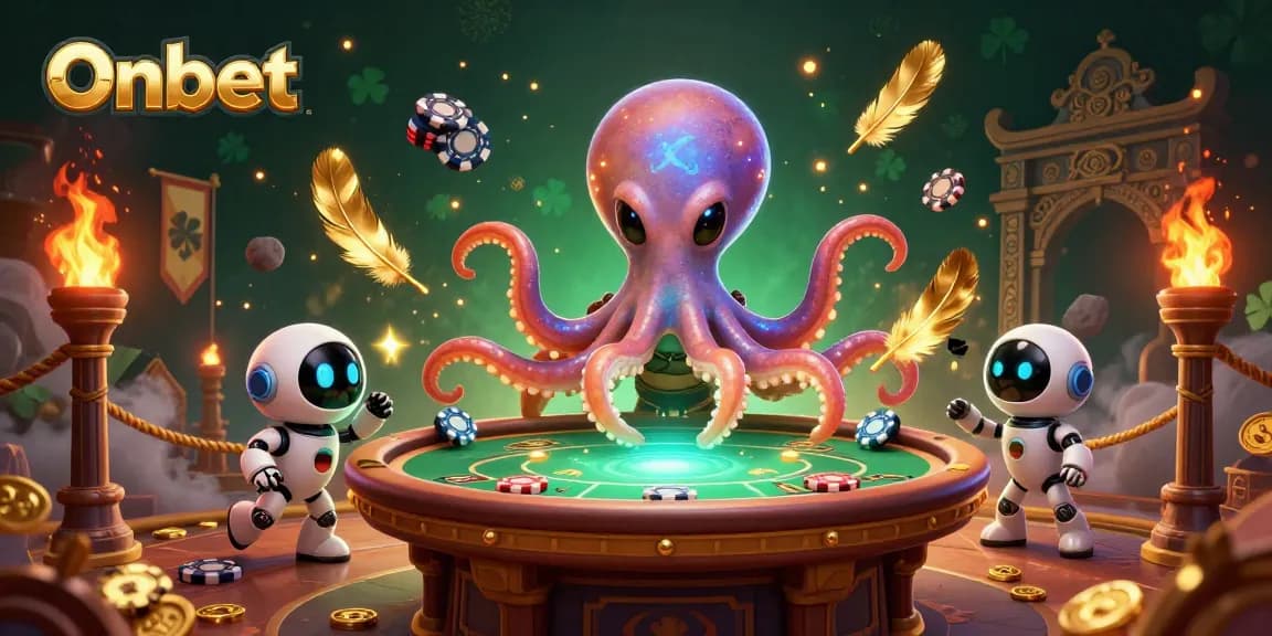Experience Onbet's thrilling alien casino with a vibrant octopus and robot companion. Join the action!
