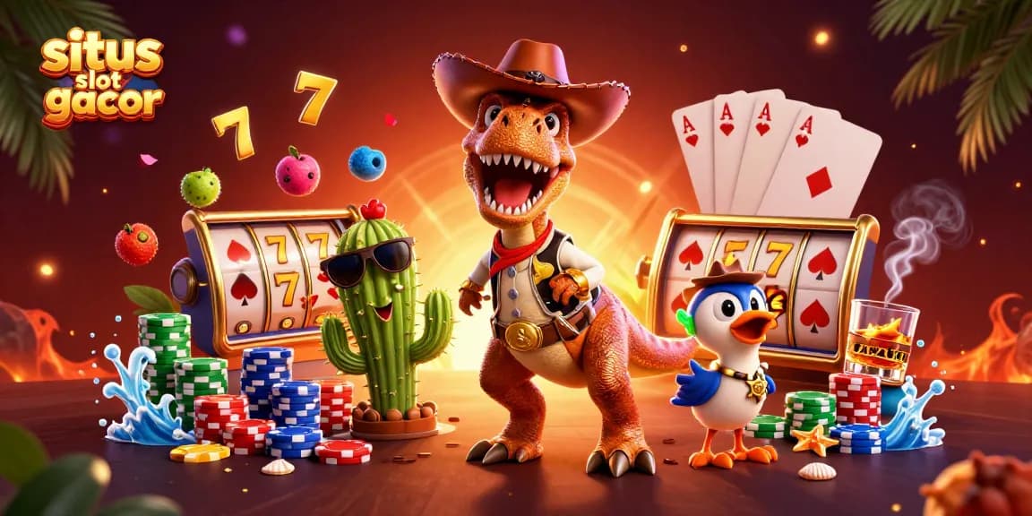 Experience situs slot gacor excitement with T-Rex and slot reels in vibrant casino scene.