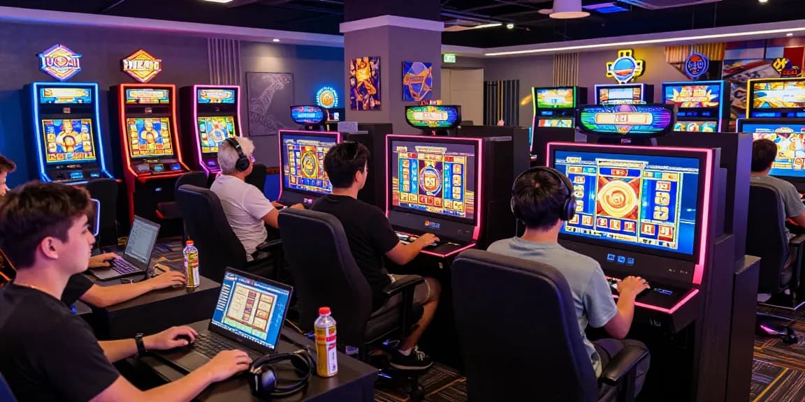 Pajaktoto gaming enthusiasts enjoying vibrant slot machines in a modern lounge.