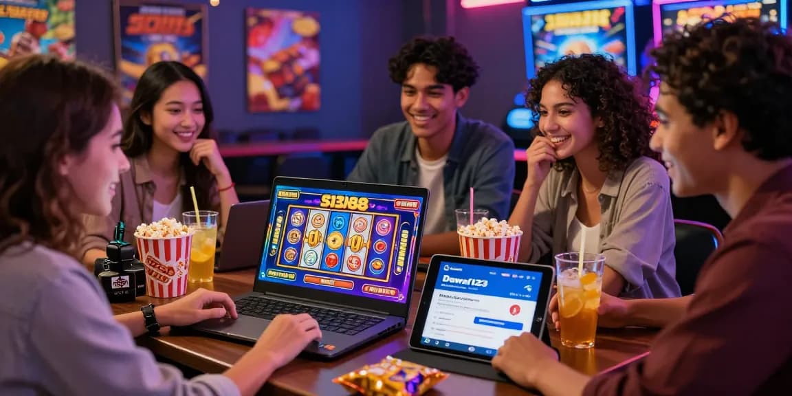 Teman-teman bersenang-senang bermain slot88 di laptop dengan suasana kasino yang ceria.