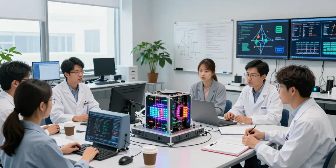 Quantum computing research team discussing advancements around a cutting-edge quantum computer model in a bright lab.