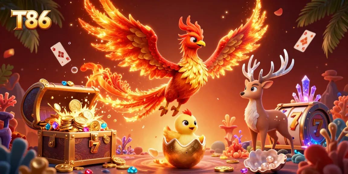 T86 jackpot slots come alive in a vibrant fire phoenix scene with colorful treasure.