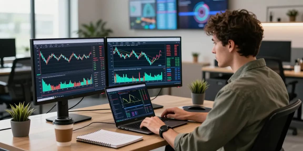 Отзывы BitMEX о трейдере, анализирующем платформу на двух мониторах с графиками.