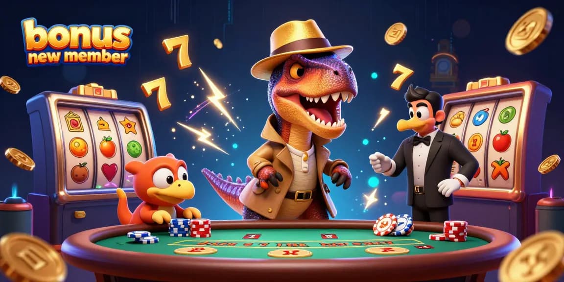Engage with the thrilling bonus new member offer at a lively casino featuring animated characters.
