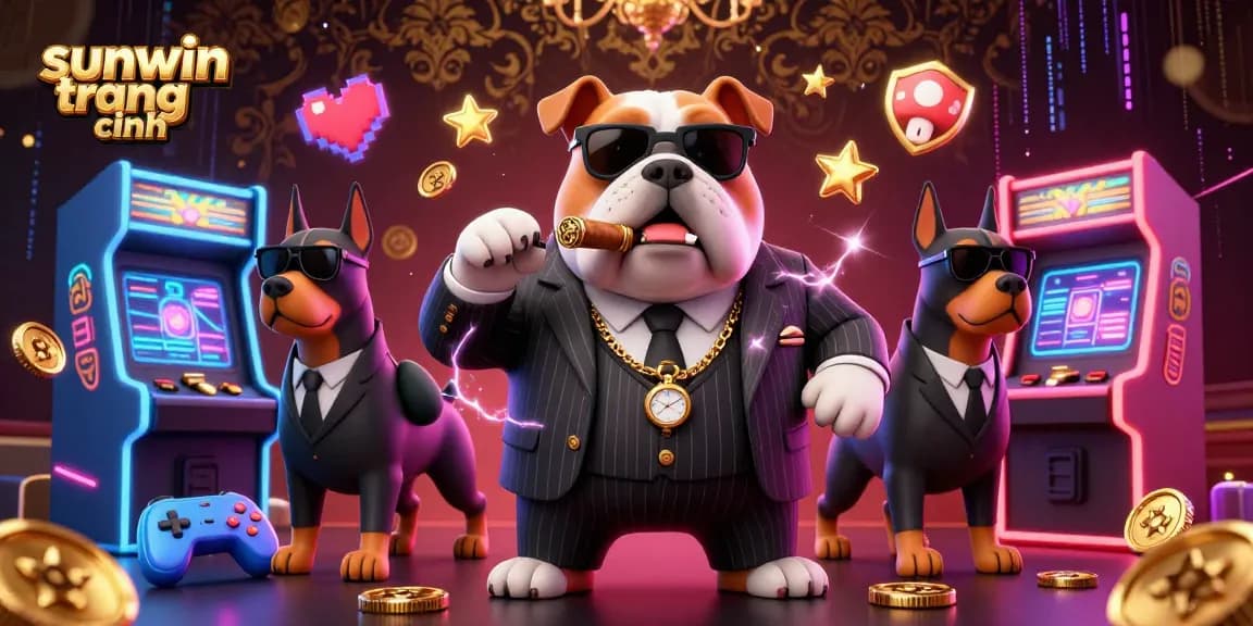 Engage with the vibrant scene at sunwin trang chính showcasing a mafia bulldog and Doberman bodyguards among colorful gaming elements.