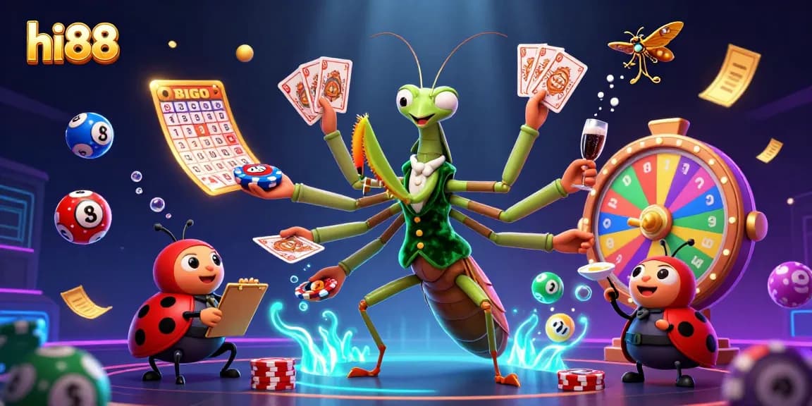 Experience the excitement of hi88 with a vibrant 3D illustration featuring dynamic gambling elements and characters.