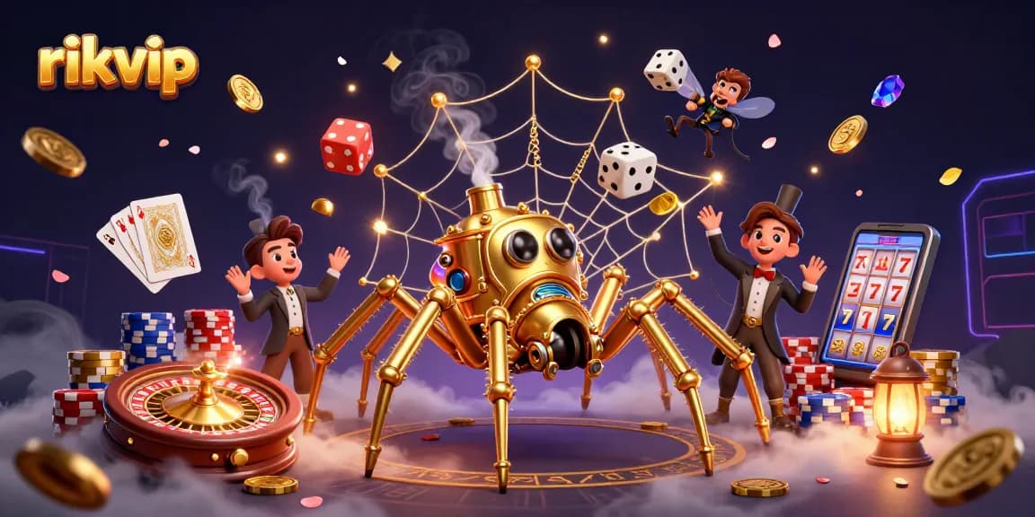 Engage with rikvip's exciting world of gaming: a steampunk spider crafting its winning web.
