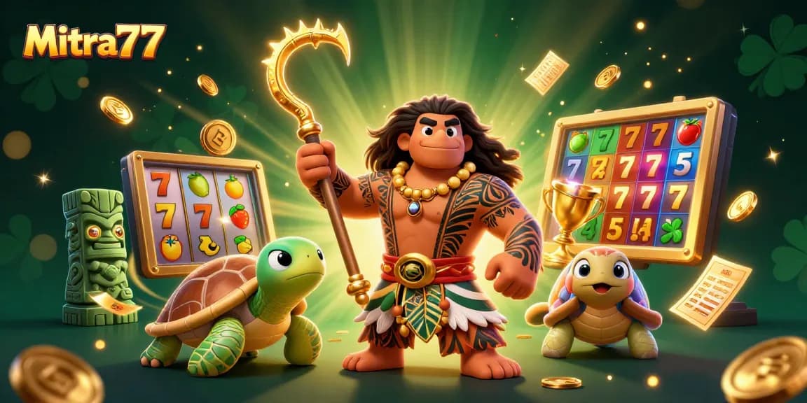 Mitra77 hadir dengan permainan slot gacor yang bikin menang, ditampilkan di ilustrasi 3D penuh warna.