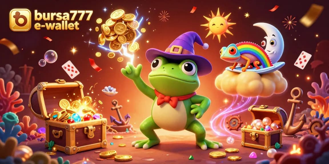 Bursa777 e-wallet showcases a vibrant 3D scene with a wizard frog and chameleon amidst golden coins, enhancing online gambling excitement.