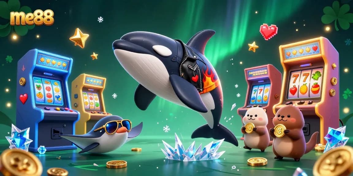 Experience the thrill of me88 with cartoon characters and exciting casino elements in a vibrant scene.