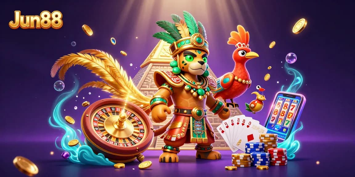 Experience thrilling wins with Jun88's captivating 3D casino illustration, featuring vibrant game elements.