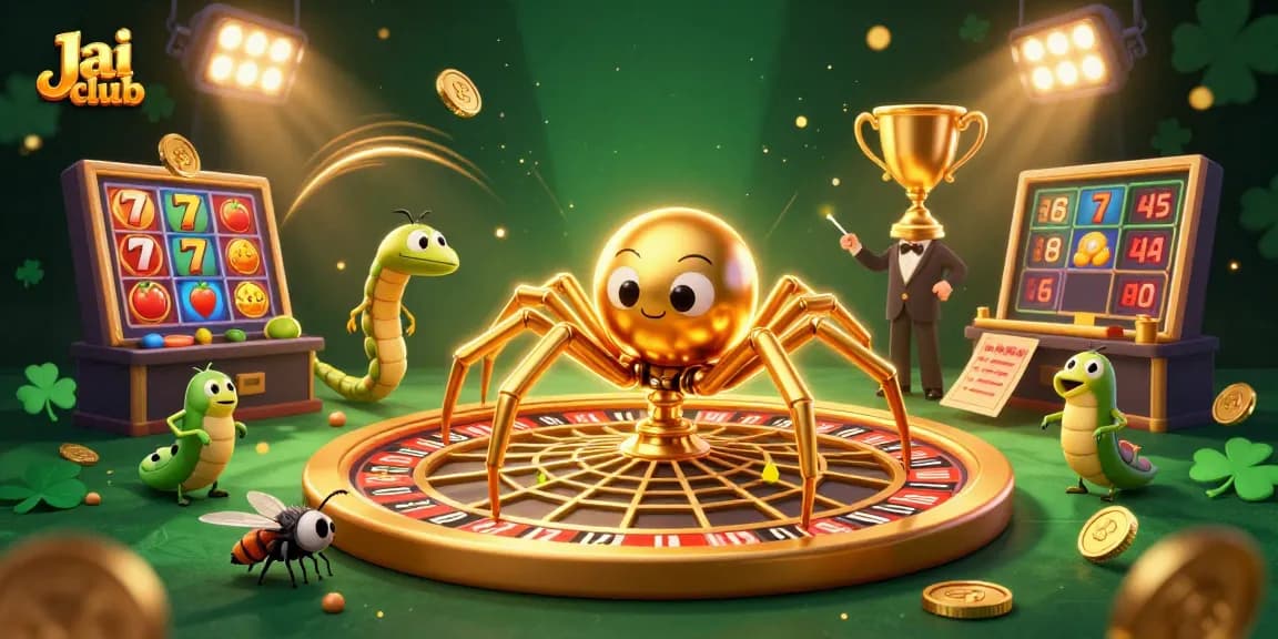Engage in action-packed gaming at Jai club with a golden spider and centipede croupier spinning a roulette wheel.