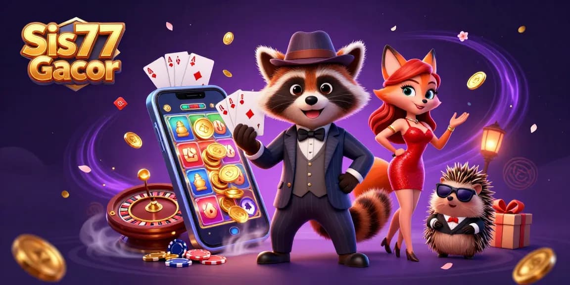 Tampilkan Sis77 Gacor dan karakter casino dalam ilustrasi 3D yang menarik.
