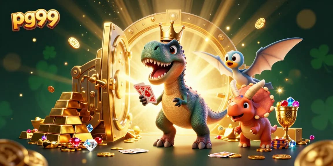 Experience epic wins at pg99 with this lively scene of a charming dinosaur casino adventure.