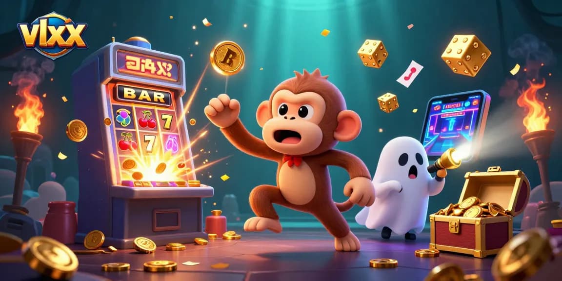 Engaging vlxx gaming moment with a mischievous monkey and ghost-hunter puppy in a vibrant casino