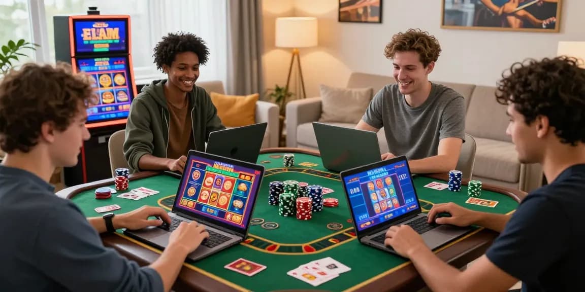 Players enjoying Free No Deposit Bonus offers at home with vibrant casino games on screen.