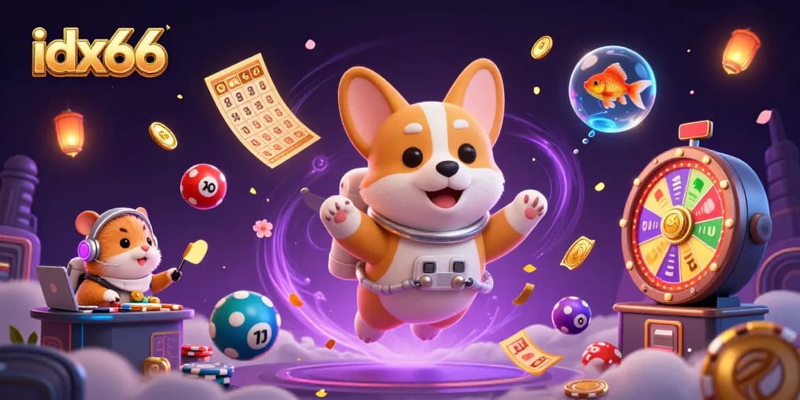 Permainan slot menarik di idx66 dengan corgi astronot dan elemen kasino terapung.