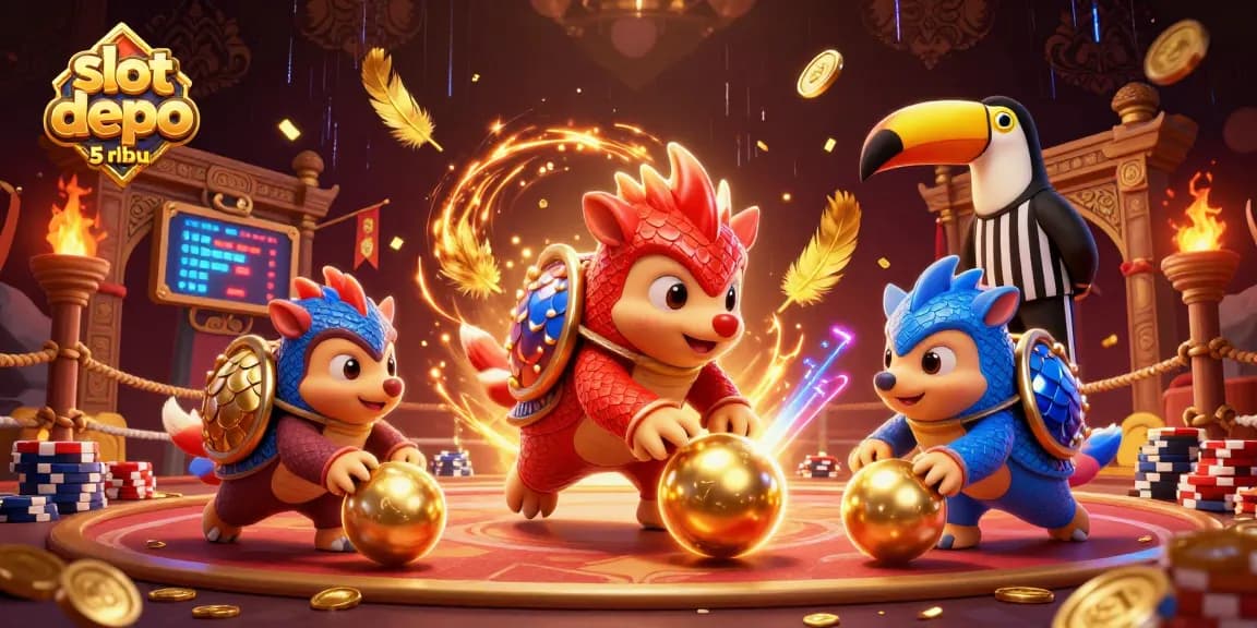 Engaging scene of rival pangolins playing slot depo 5 ribu with stacks of poker chips and golden balls.