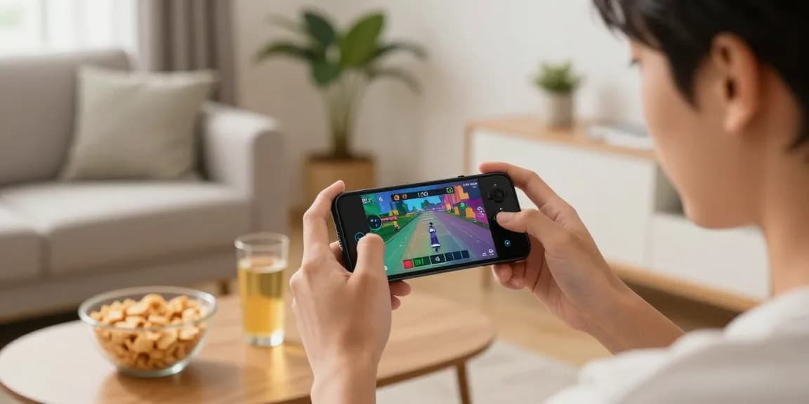 Engaging scene of a young adult enjoying an Android mobile game in a cozy living room atmosphere.