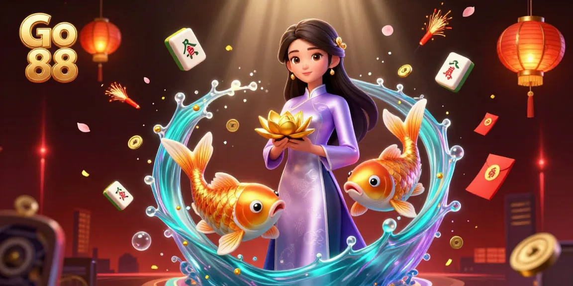 Engage with Go 88 through a vibrant casino illustration featuring a woman, koi fish, and slot elements.