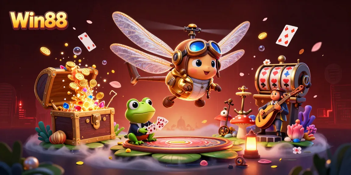 Engage with Win88 at a vibrant lily pad casino, featuring a dragonfly pilot and frog croupier.