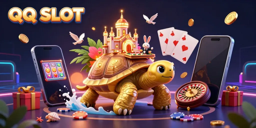 Experience QQ SLOT with vibrant 3D cartoon illustration of a golden tortoise casino and dynamic game elements.