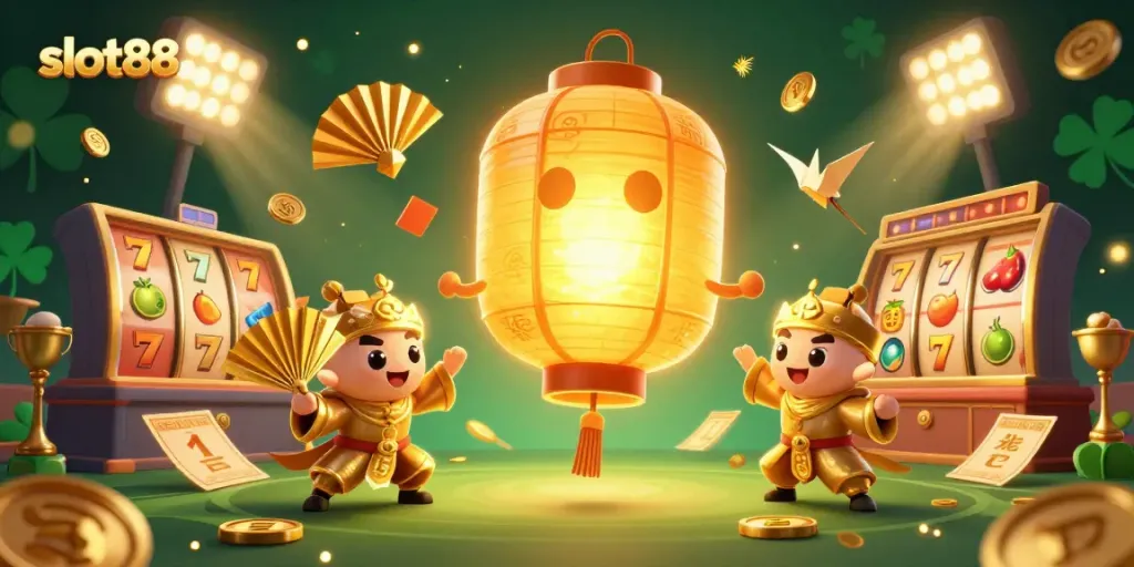 Mainkan slot88 dengan karakter kasino unik di ilustrasi 3D yang menampilkan suasana berkilau.