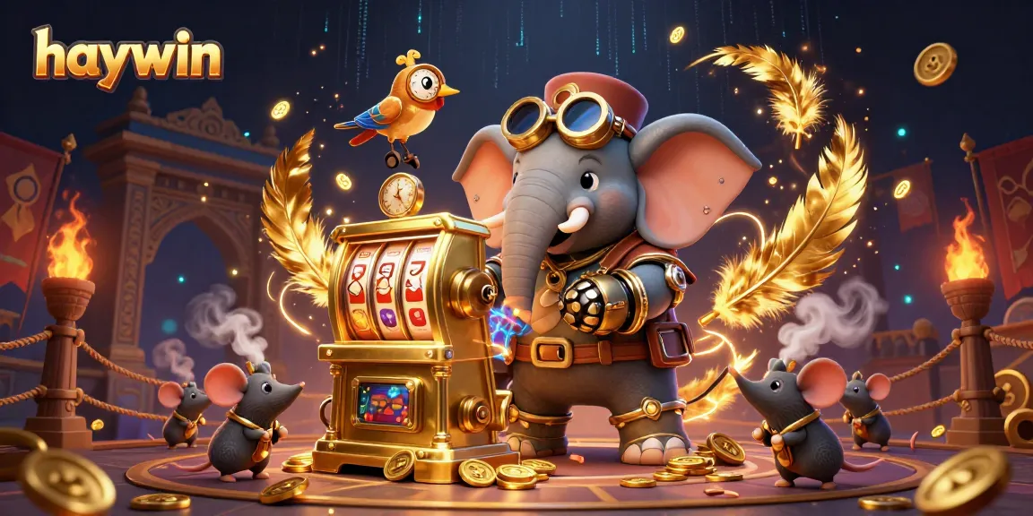 Engage in slots at haywin with a steampunk elephant operating a golden slot machine, vibrant scene.