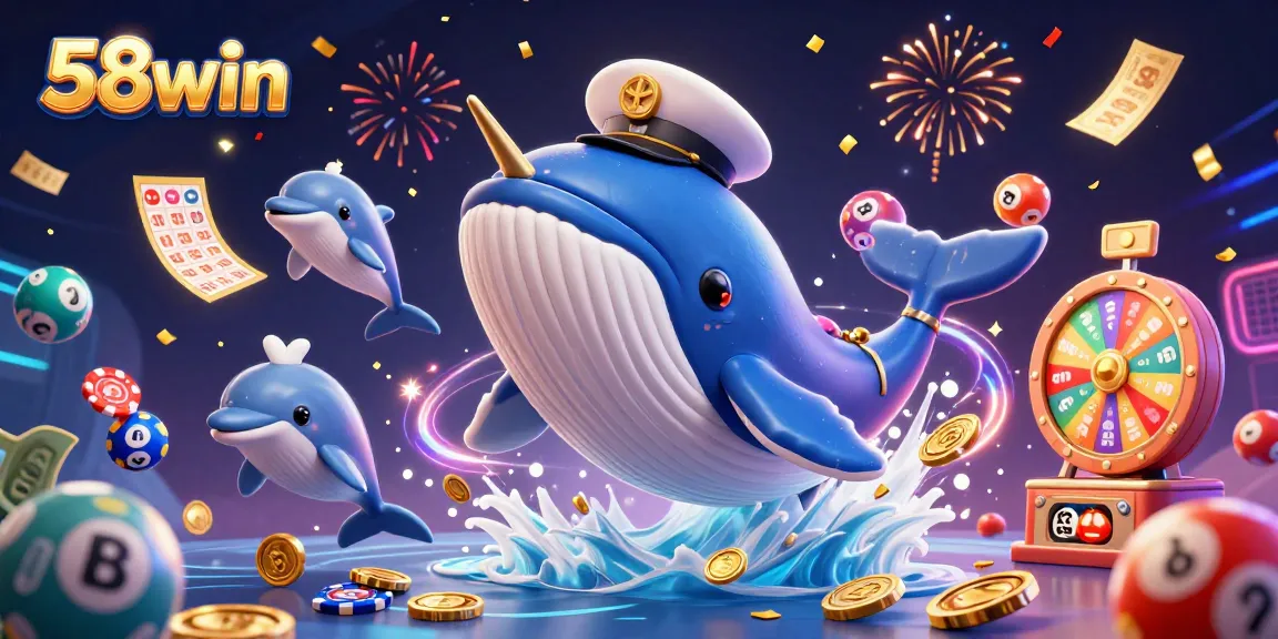 Engage with 58win's exciting casino experience featuring a whale, dolphins, and dynamic lottery elements.