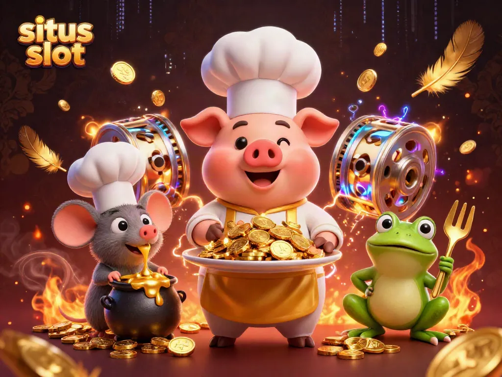 Menghadirkan tema situs slot dengan karakter koki babi, tikus sous-chef, dan katak kritikus, semua dikelilingi oleh efek dramatis emas dan gulungan slot.