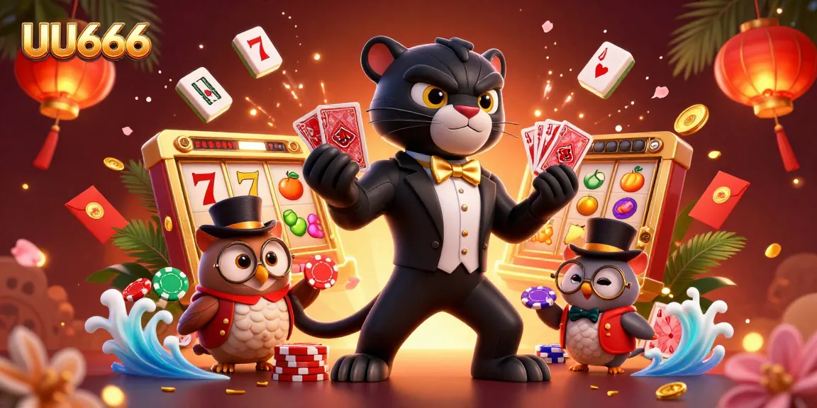 Engage with thrilling games at UU666, showcasing stylish characters dealing cards and playing with colorful slot elements.