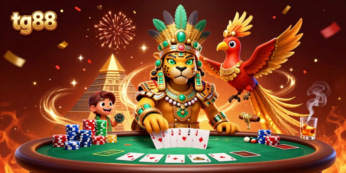 Play exciting poker games with tg88's vibrant 3D illustration of a Mayan jaguar priest and poker elements.