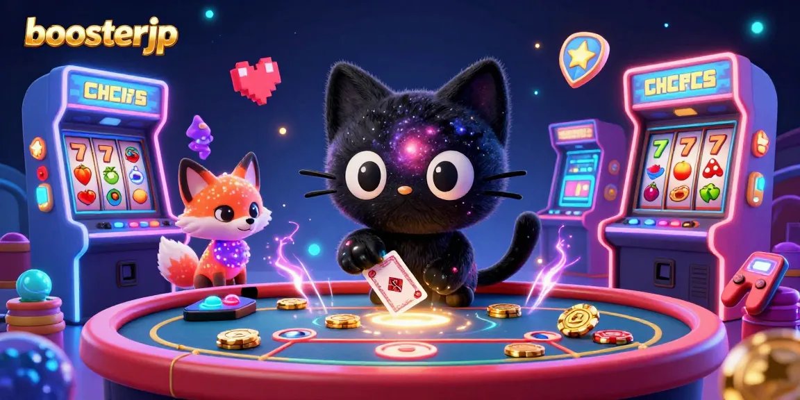 Engage with boosterjp's vibrant cosmic casino, featuring a black hole cat and nebula fox amidst slot reels.