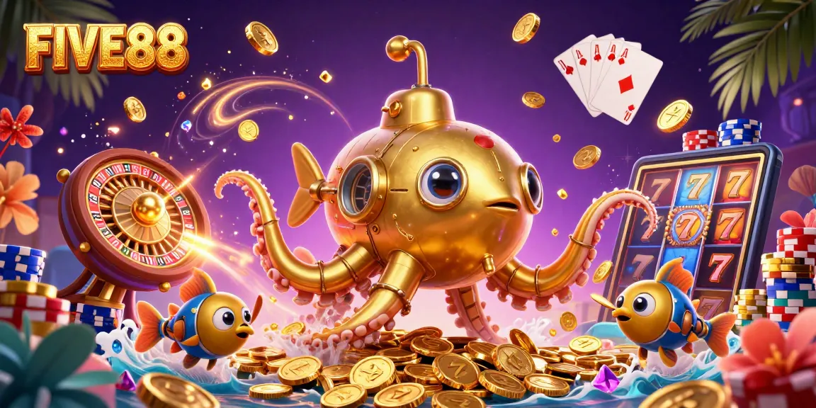 Engage with FIVE88's thrilling gambling experience featuring a golden kraken submarine amidst gold coins and dynamic casino visuals.