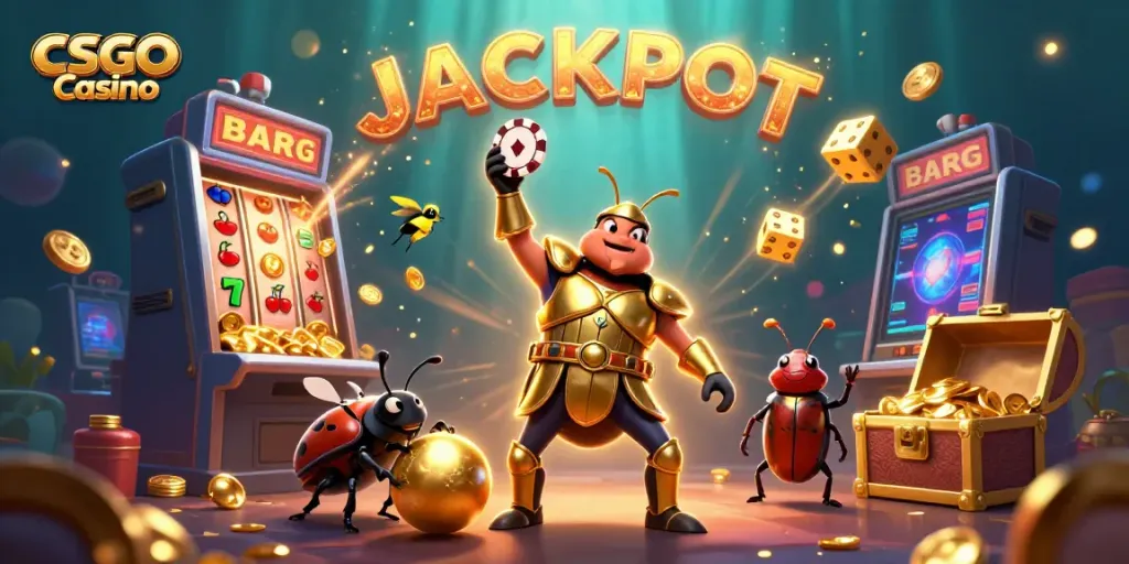 Celebrate wins at CSGO Casino with a victorious beetle in golden armor and jackpot elements.