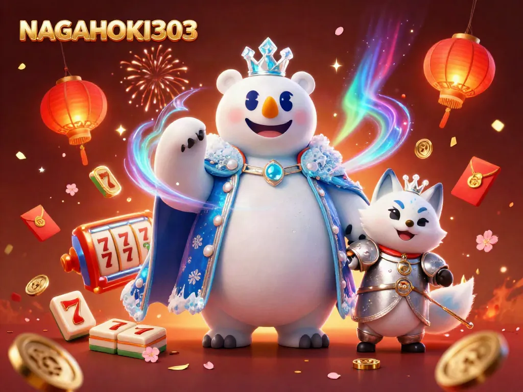 NAGAHOKI303 menang di mesin slot dikelilingi elemen perayaan judi seperti koin dan kembang api.