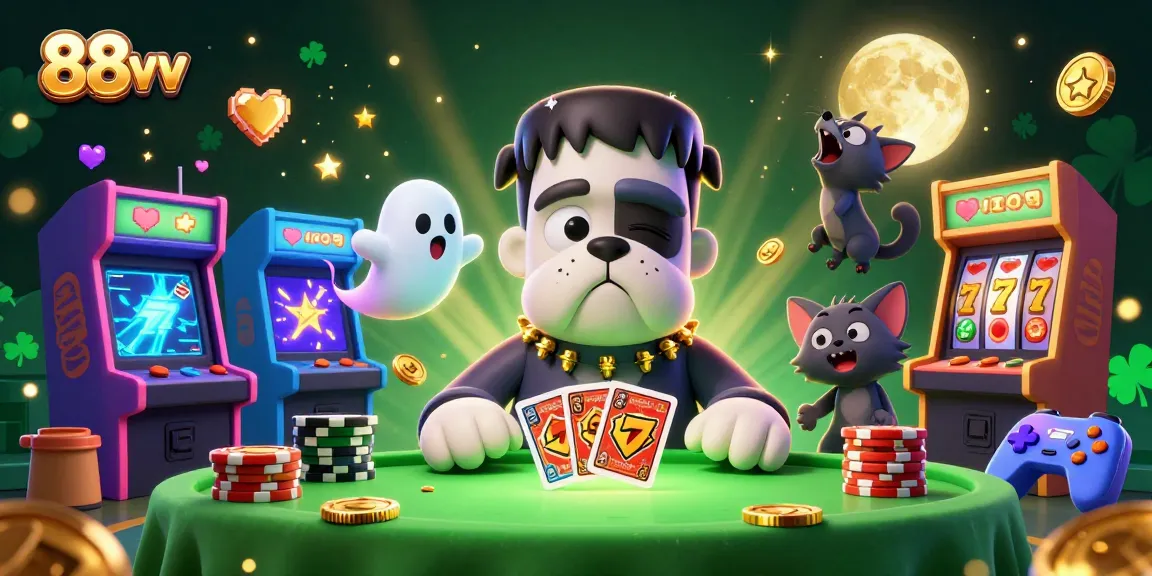 Engage with 88vv's thrilling casino scene featuring a Frankenstein bulldog dealing cards.